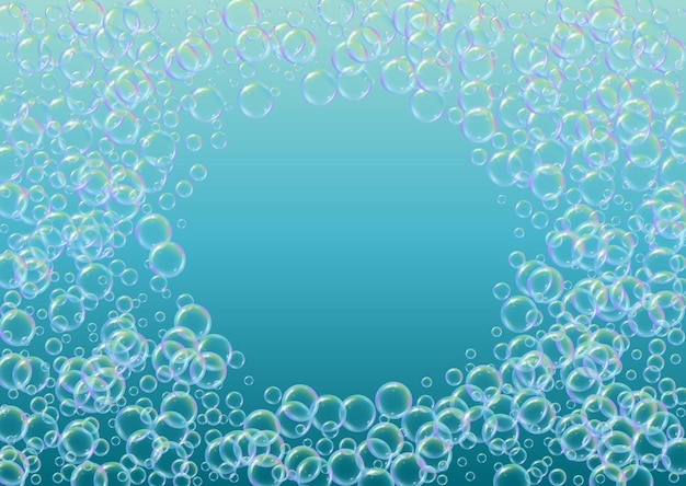 Bolla di sapone. Detersivo bagno schiuma e schiuma per vasca da bagno. Shampoo. poster di illustrazione vettoriale 3d. Effervescenza e schizzi vibranti. Cornice e bordo d'acqua realistici. Bolla di sapone liquido colorata blu.