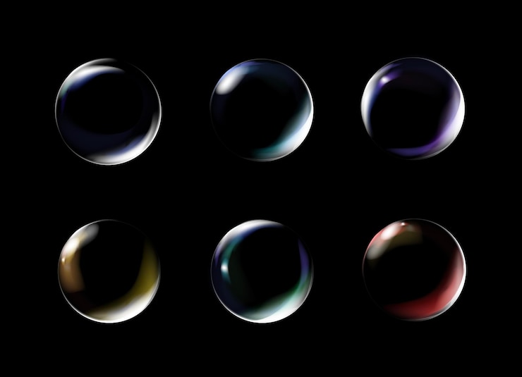 Vettore bolla di sapone trasparente realistica su sfondo nero set di bolle di sapone con riflessi bolle