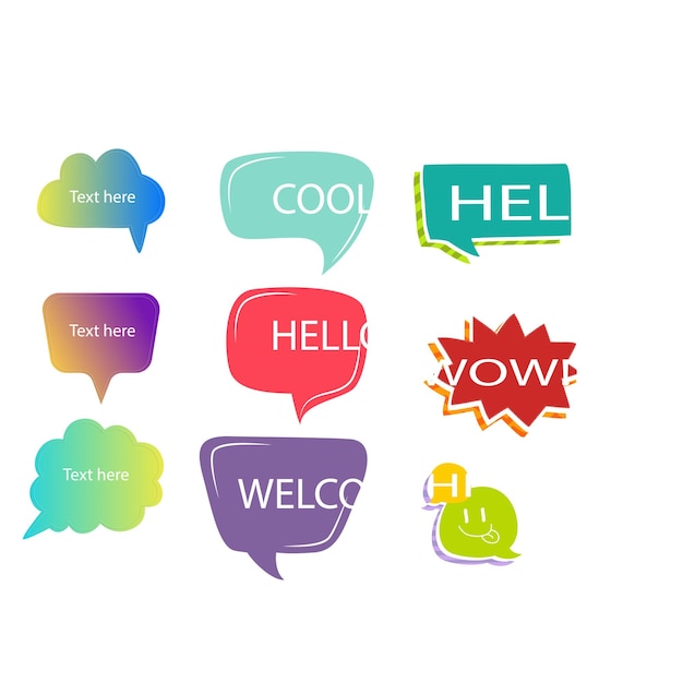 Bolle di discorso alla moda con frasi di conversazione disegnate a mano in diverse forme nuvole di chat online w