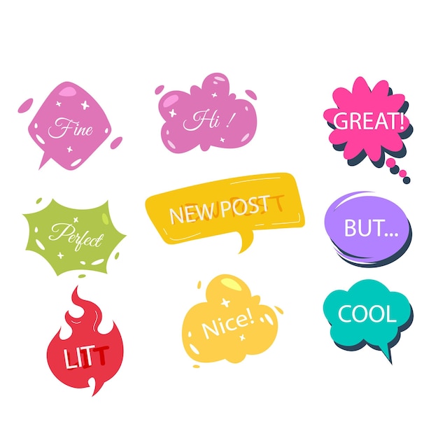 Bolle di discorso alla moda con frasi di conversazione disegnate a mano in diverse forme nuvole di chat online w