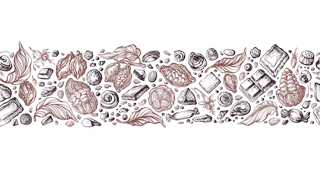 Bordo senza giunte di cacao Modello di schizzo artistico Caramella di fagioli di frutta disegnata a mano Aroma cioccolato