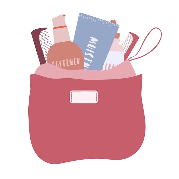 Borsa cosmetica disegnata a mano con illustrazione vettoriale piatta con prodotti per la cura della pelle Spazzola per capelli erogatore tubo crema Perfetto per negozio decorazioni per la casa adesivi carte volantini ecc