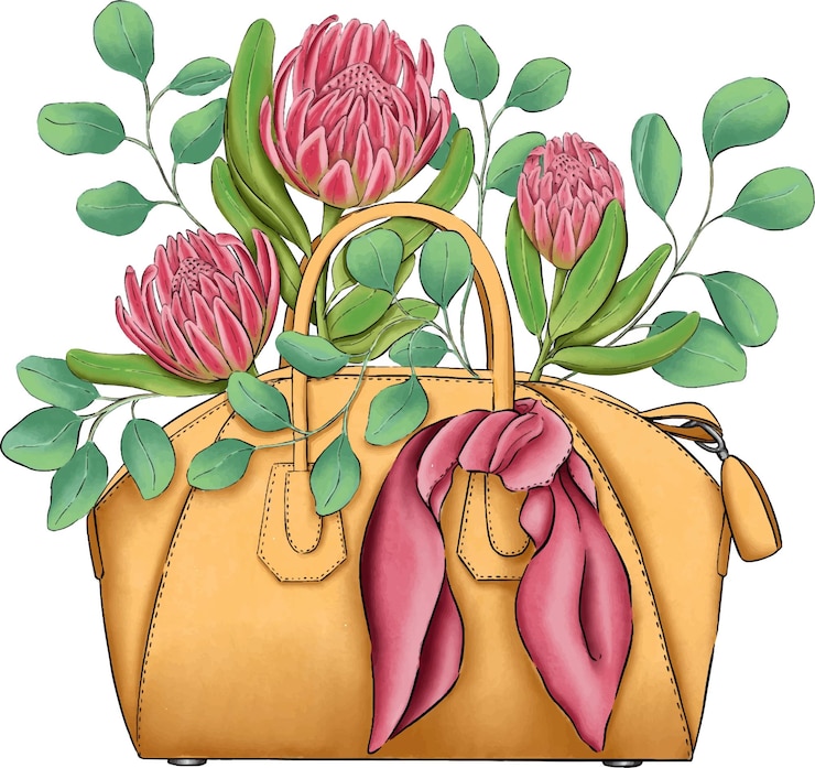 Vettore borsa da donna con foglie di eucalipto e protea