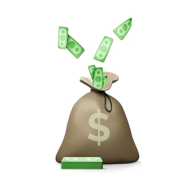 Borsa dei soldi con valuta cartacea che cade in stile cartone animato. Servizi finanziari o concetto di rimborso. Ritorno sull'investimento. Illustrazione vettoriale
