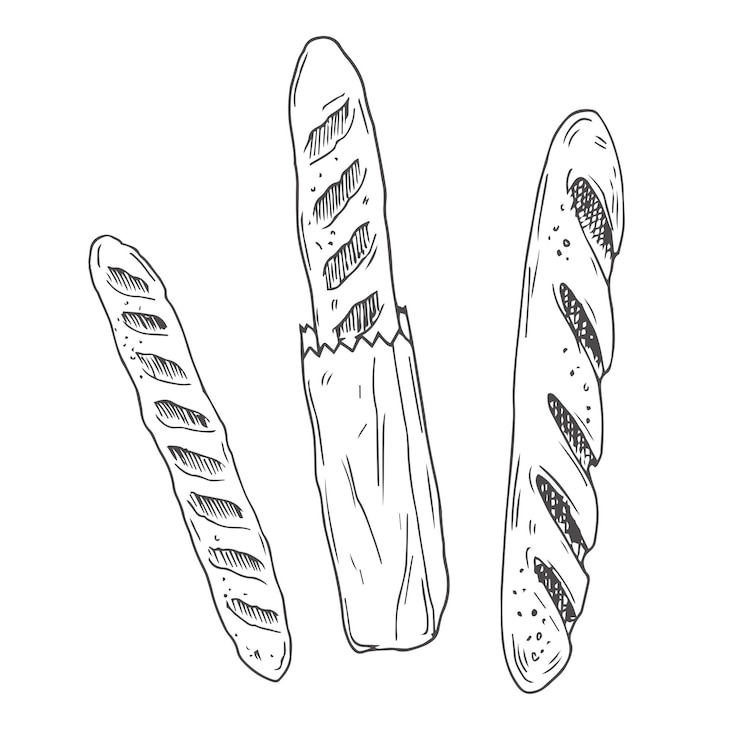 Vettore borsa di pane, scarabocchi disegnati a mano, panino al forno, pane da forno, baguette di grano
