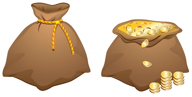 Borsa marrone piena di monete d'oro