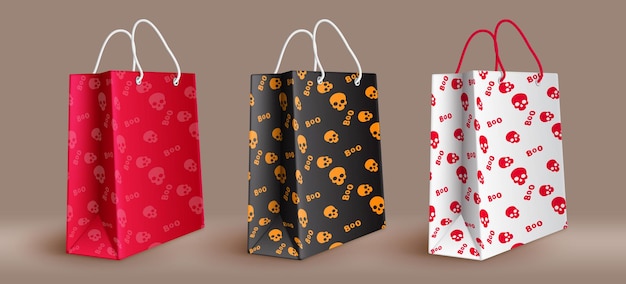 Borse Halloween shopping set vettoriale design Borsa di carta regalo Halloween in elementi con motivo cranio