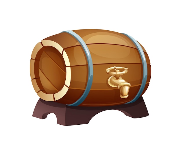 Botte di legno tradizionale con rubinetto tempestato di anelli di ferro per la conservazione e l'imbottigliamento di bevande alcoliche o altre botti di birra Contenitori di stoccaggio di birra di vino per eventi Illustrazione vettoriale isolata