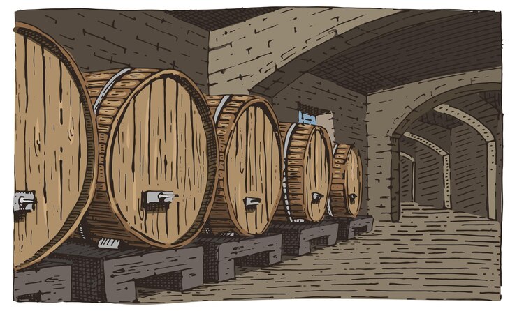 Vettore botti di vino in cantina vintage vecchio vettore illustrazione inciso disegnato a mano stile scratchboard