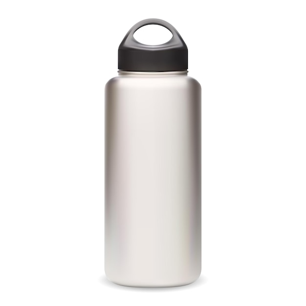 Bottiglia d'acqua. Modello di bottiglia termica. Vuoto riutilizzabile di vettore della bottiglia di sport. Fiaschetta fitness argento con design 3d cappuccio nero. Lattina da campeggio realistica in acciaio inossidabile, prodotto per attrezzatura da esterno