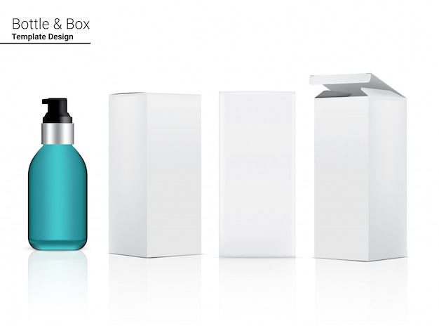 Bottiglia della pompa Skincare realistico e un lato di 3 scatole per l'illustrazione essenziale cosmetica della medicina o della merce. Concetto di assistenza sanitaria, medica e scientifica.