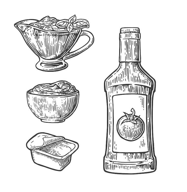 Vettore bottiglia di ketchup salsa di pomodoro in un piatto e scatola di plastica usa e getta vector vintage illustrazione incisa isolata su sfondo bianco