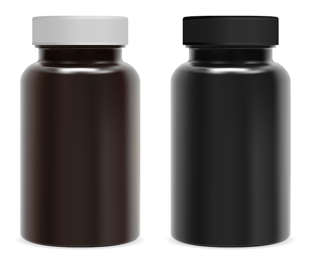 Bottiglia di pillola supplementare. Barattolo marrone e nero lucido per capsule vitaminiche.