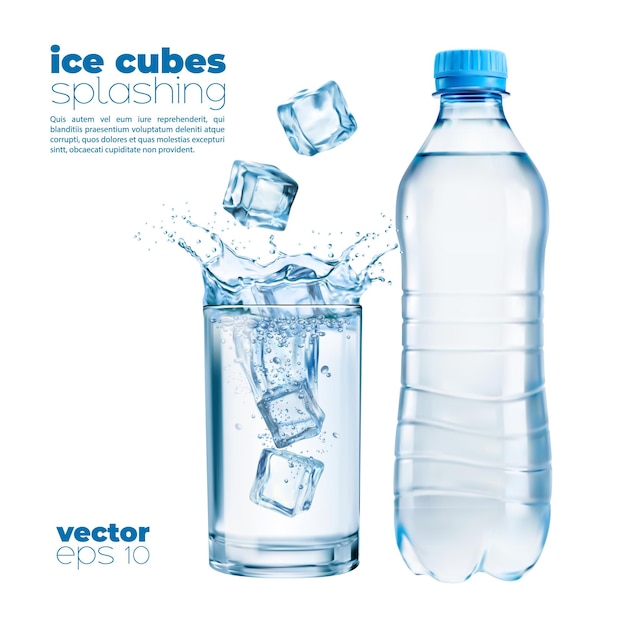 Bottiglia di plastica di acqua pura e vetro con cubetti di ghiaccio e gocce di schizzi Cristalli 3d congelati vettoriali realistici cadono in tazza con liquido trasparente Sfondo grafico pubblicitario di promozione di bevande sane