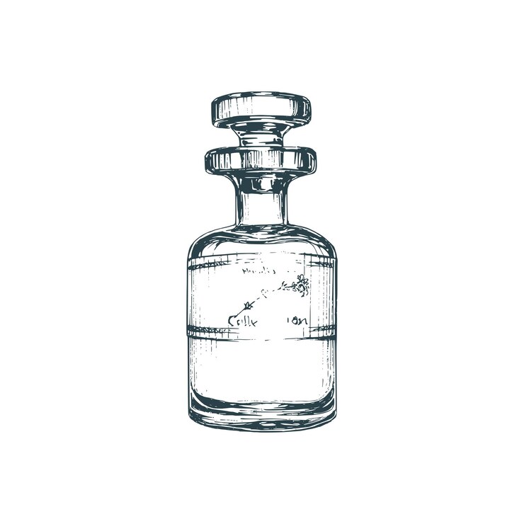 Bottiglia di profumo, schizzo vettoriale. Illustrazione grafica della fiala di olio essenziale in stile incisione. Utilizzato per adesivi per profumi, etichette per negozi di spa, ecc.