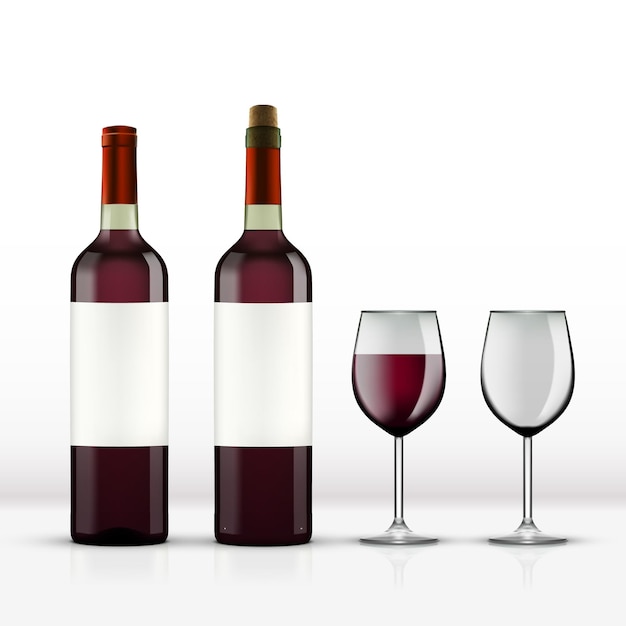 Bottiglia di vino rosso aperta realistica con bicchiere di vino isolato su bianco
