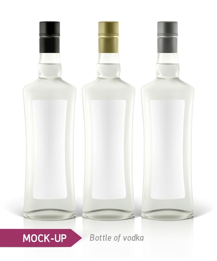 Vettore bottiglia di vodka realistica o altra bottiglia di gin. su uno sfondo bianco con ombra e riflesso.
