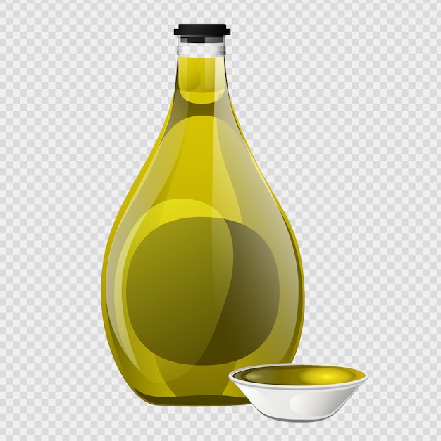 Bottiglia e ciotola di vetro dell'olio d'oliva in stile cartone animato.