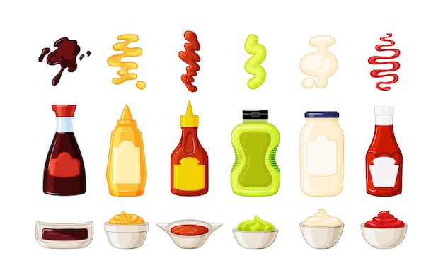 Bottiglie con salse, piattini e spruzzi di salse su sfondo bianco. Ketchup, salsa di soia, senape, maionese-collezione. Illustrazione vettoriale.