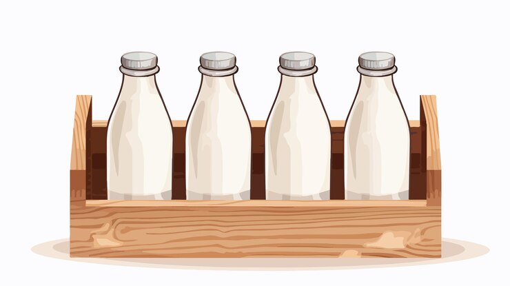 Vettore bottiglie di latte in scatola di legno cartoon dairy isolato