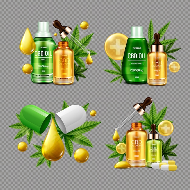 Bottiglie di olio di Cbd e capsule con foglie di cannabis, limoni e gocciola.