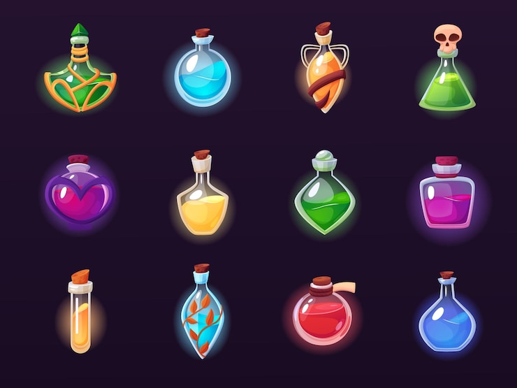 Vettore bottiglie di pozione per streghe gioco pozioni magiche chimica bottiglia magica halloween elixiri di cartoni animati fantasia alchimia liquida raccolta vettoriale attuale