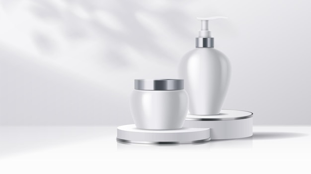 Bottiglie di prodotti cosmetici sul podio in illustrazione a ombra