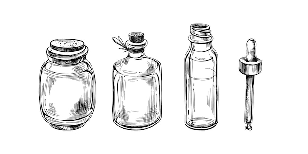 Bottiglie di vetro con pipetta per oli cosmetici siero L'illustrazione è grafica disegnata a mano Eps vettore oggetti isolati su sfondo bianco