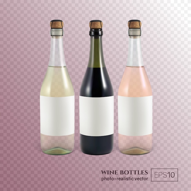 Bottiglie di vino rosso, bianco e rosa su trasparente Queste bottiglie di vino possono essere posizionate onny