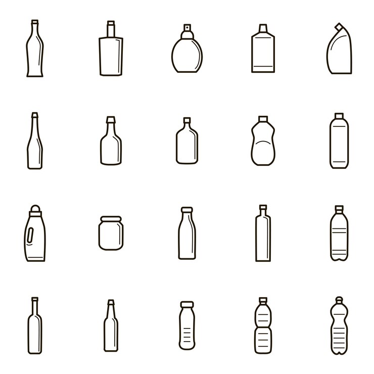 Bottiglie per segni di liquido Black Thin Line Icon Set vettore