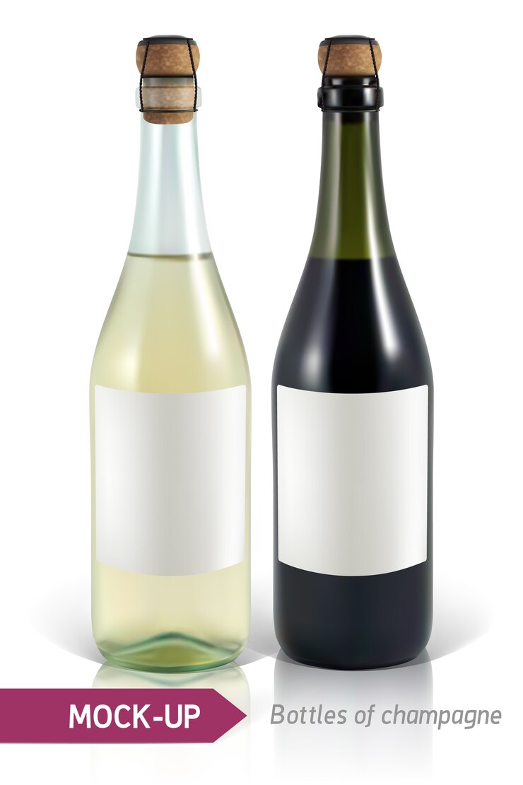 Vettore bottiglie realistiche di champagne su uno sfondo bianco con riflesso e ombra. modello per l'etichetta.