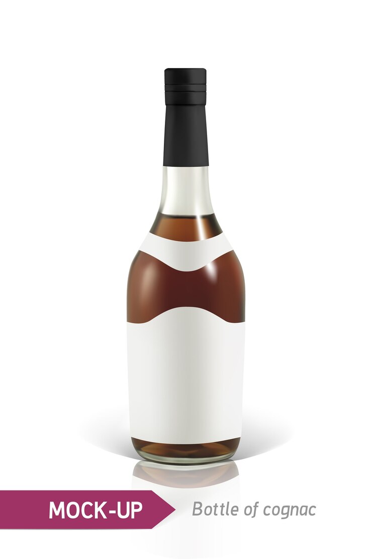 Vettore bottiglie realistiche di cognac con riflesso e ombra. modello per la progettazione di etichette.