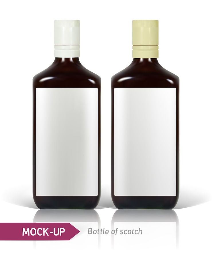 Vettore bottiglie realistiche di mockup di scotch su uno sfondo bianco con riflesso e ombra