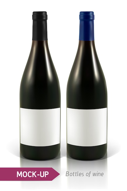bottiglie realistiche di vino bianco e rosso con riflessi e ombre. Modello per la progettazione dell'etichetta del vino.