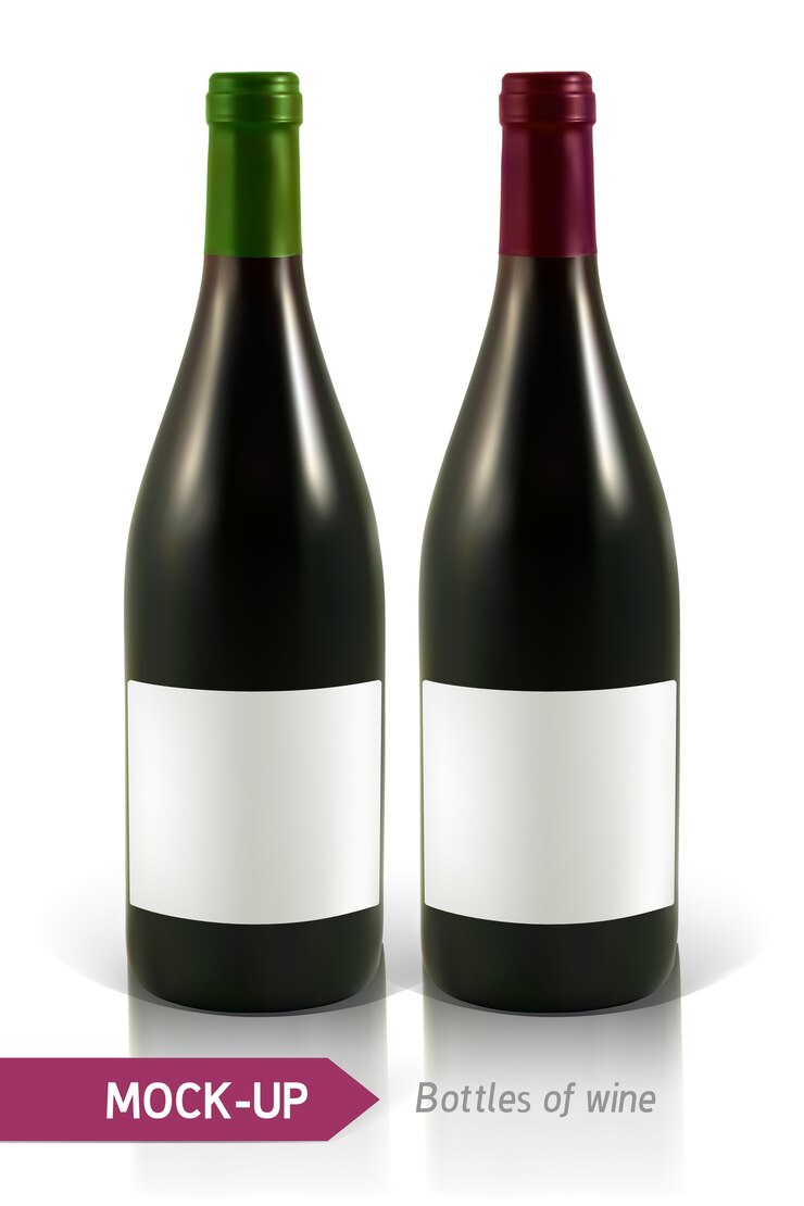 bottiglie realistiche di vino bianco e rosso su uno sfondo bianco con riflesso e ombra.