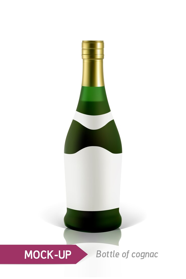 Vettore bottiglie verdi realistiche di cognac su uno sfondo bianco con riflesso e ombra. modello per l'etichetta.