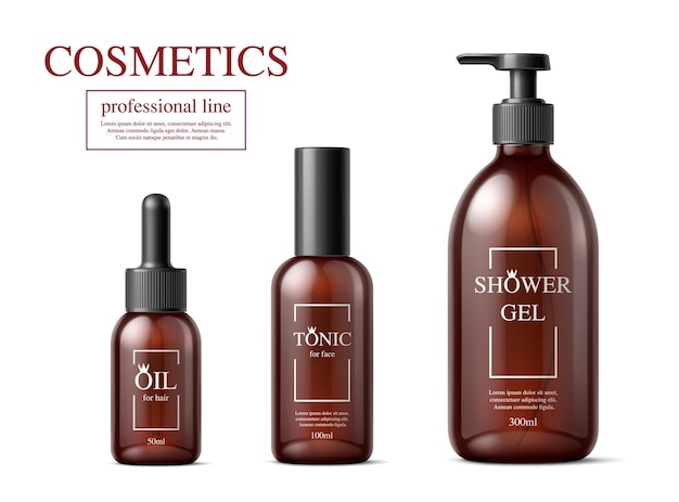 Bottiglie vettoriali di gel doccia, olio per capelli e tonico per viso