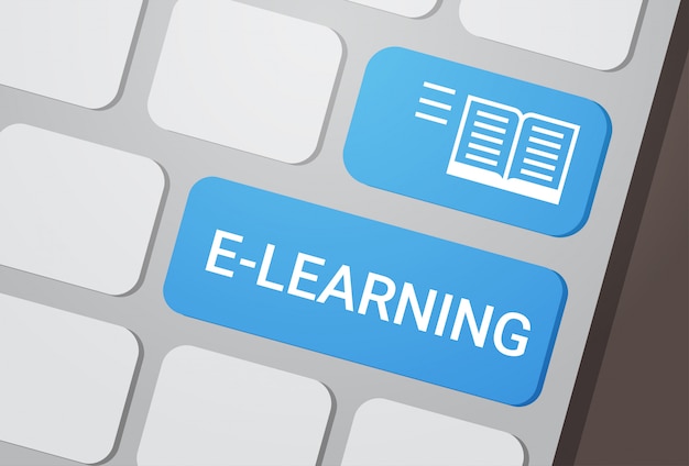 Bottone di e-learning sul concetto online di istruzione della tastiera del computer portatile