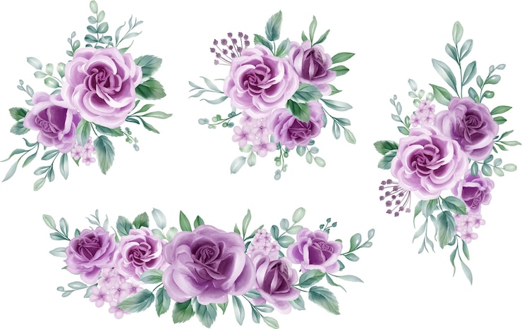 Vettore bouquet di composizioni floreali acquerello rosa viola lussuosi elementi floreali lilla sfondo botanico o stampe di design per carta da parati e inviti e cartoline