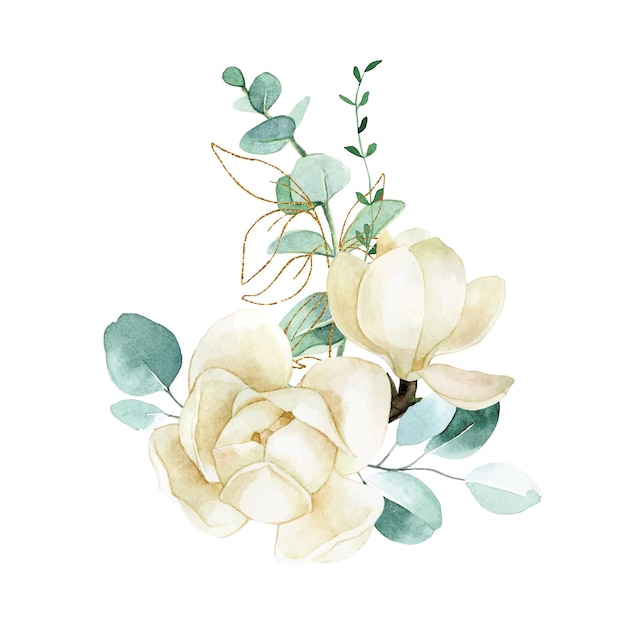 bouquet di disegno ad acquerello con magnolie bianche e foglie di eucalipto illustrazione delicata