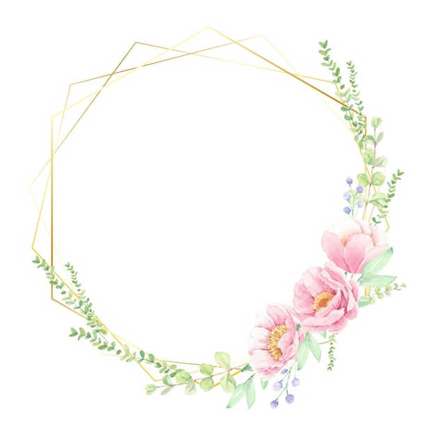 Bouquet di fiori di peonia rosa con cornice ghirlanda geometrica dorata
