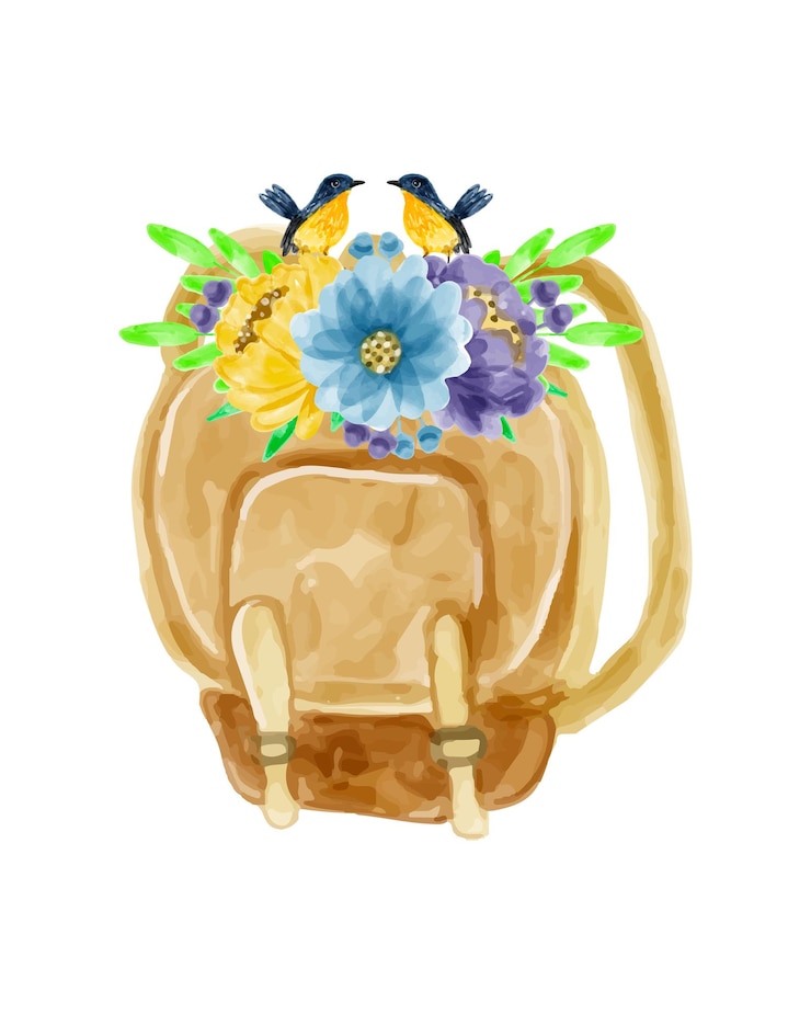 Vettore bouquet di fiori e borsa con acquerello