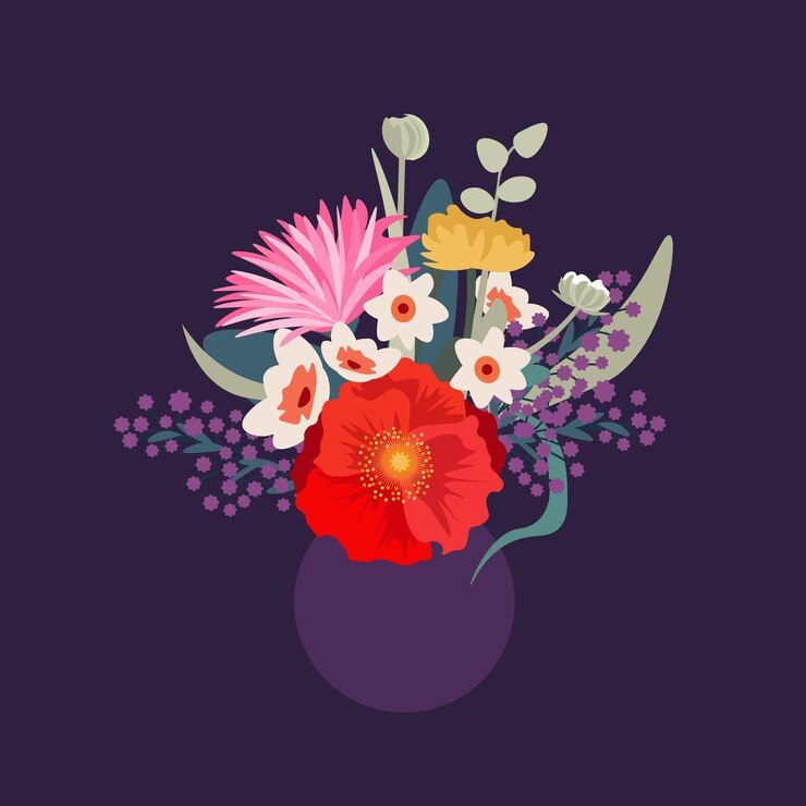Vettore bouquet di fiori misti in vaso per le vacanze primaverili cartolina e striscione illustrazione piana vettoriale