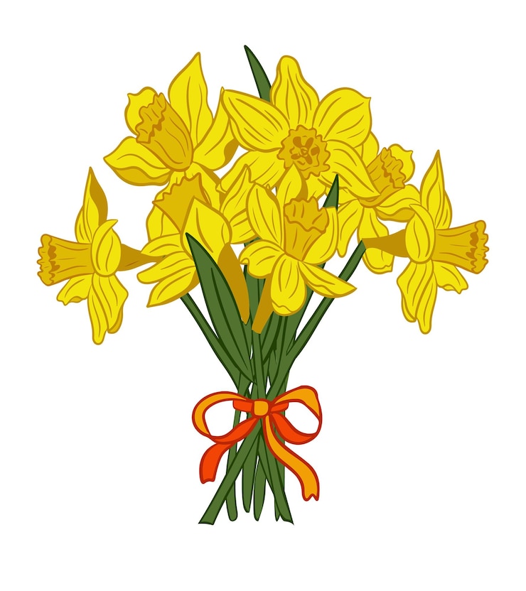 Vettore bouquet di narcisi gialli con nastro arancione composizione vettoriale piatta isolata su sfondo bianco