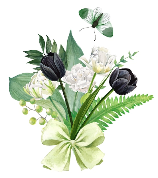 Bouquet di tulipani bianchi e neri con fiocco verde