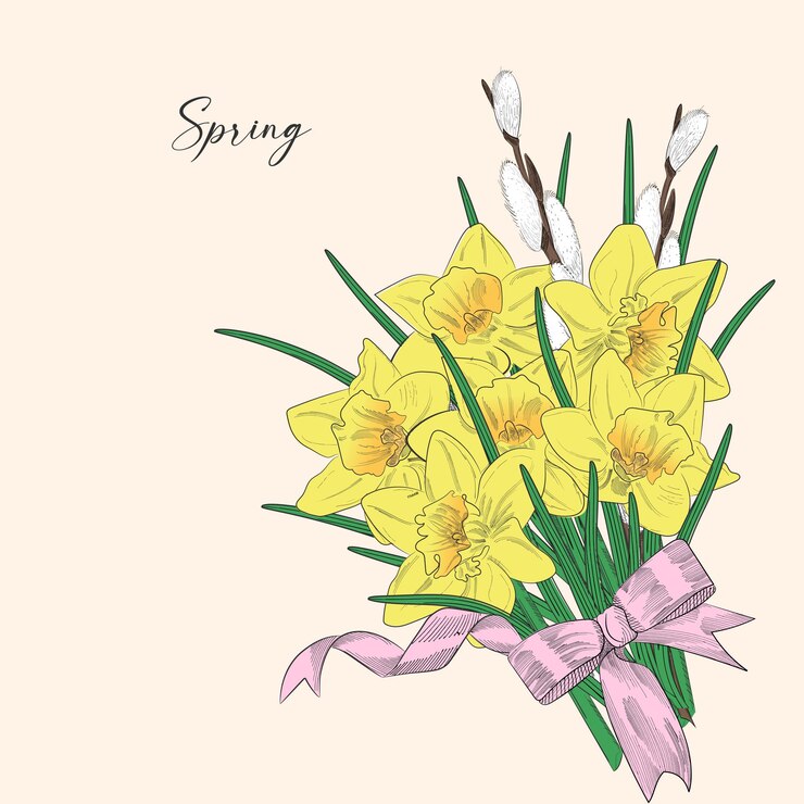 Vettore bouquet floreale con fiori primaverili vector vintage illustrazione botanica narciso con arco e nastro