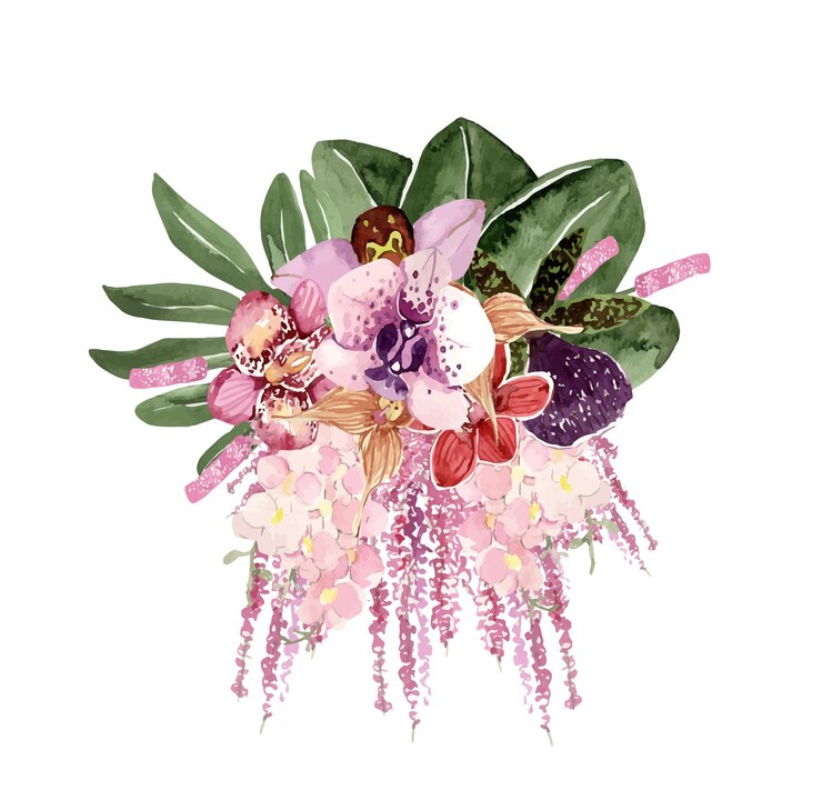 Vettore bouquet tropicale acquerello con rosa bianca mostruosa e cocco