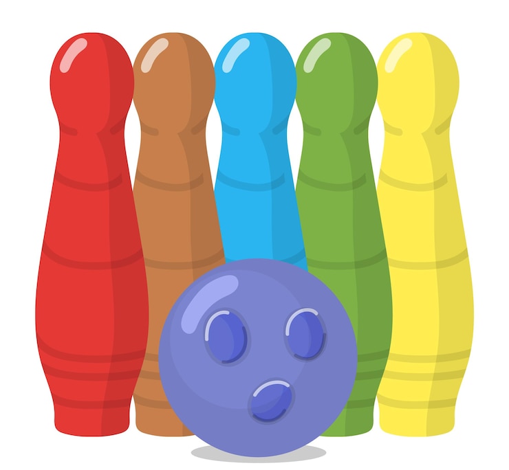 Vettore bowling per bambini. perni colorati e palla. icona del gioco sportivo isolata su sfondo bianco