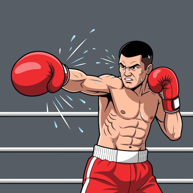 Boxer che colpisce con guanti di boxe rossi nell'illustrazione del ring