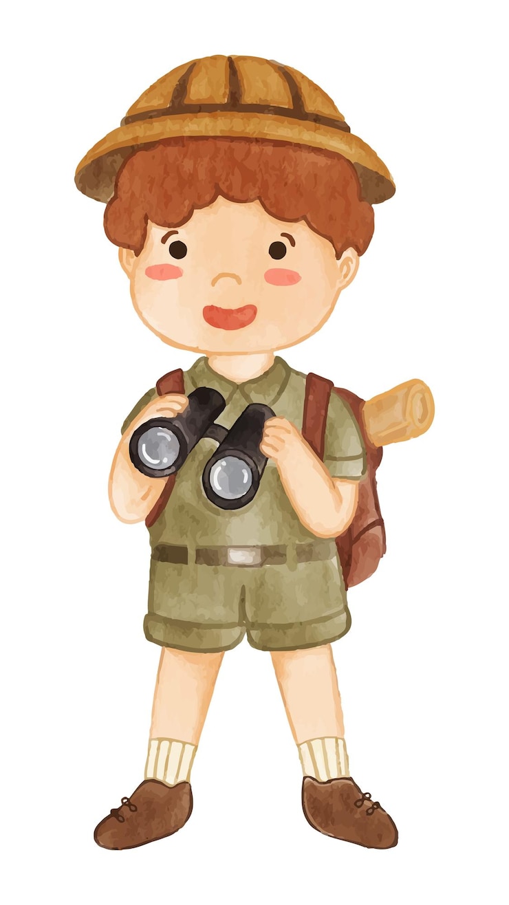 Vettore boy scout con tuta da trekking guarda attraverso il binocolo pittura ad acquerello realistica con carta testurizzata cartoon character design vector